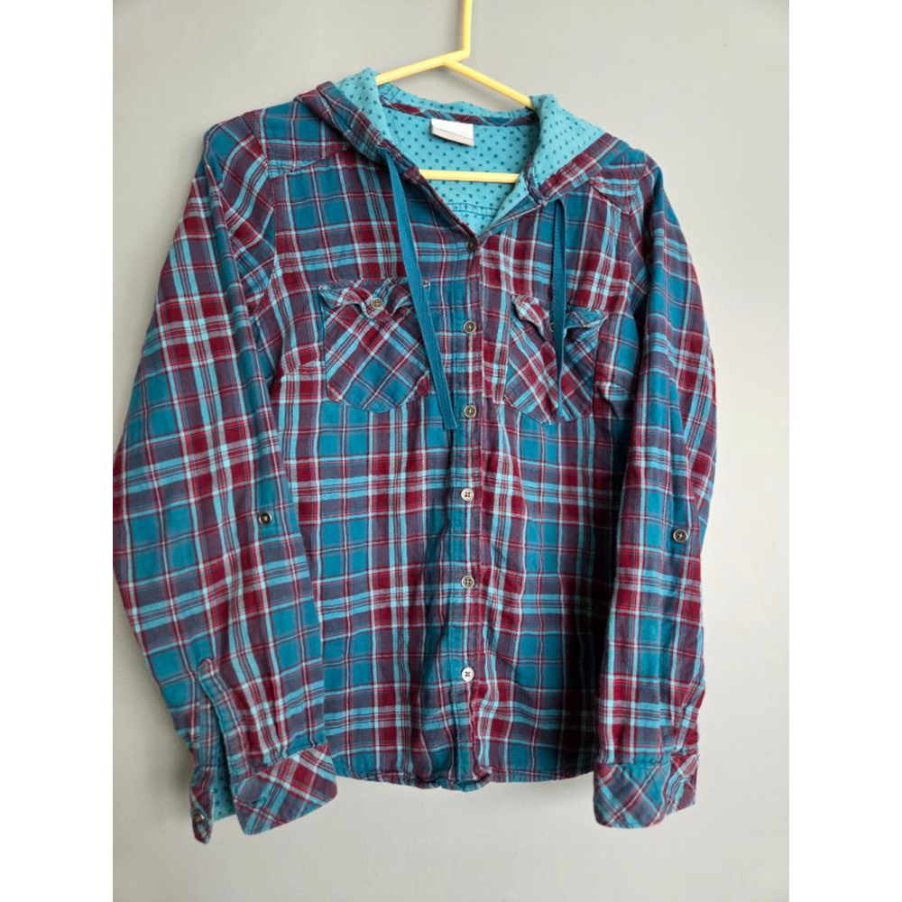 Women's Columbia Plaid Hooded Button Down Shirt XS Teal Red